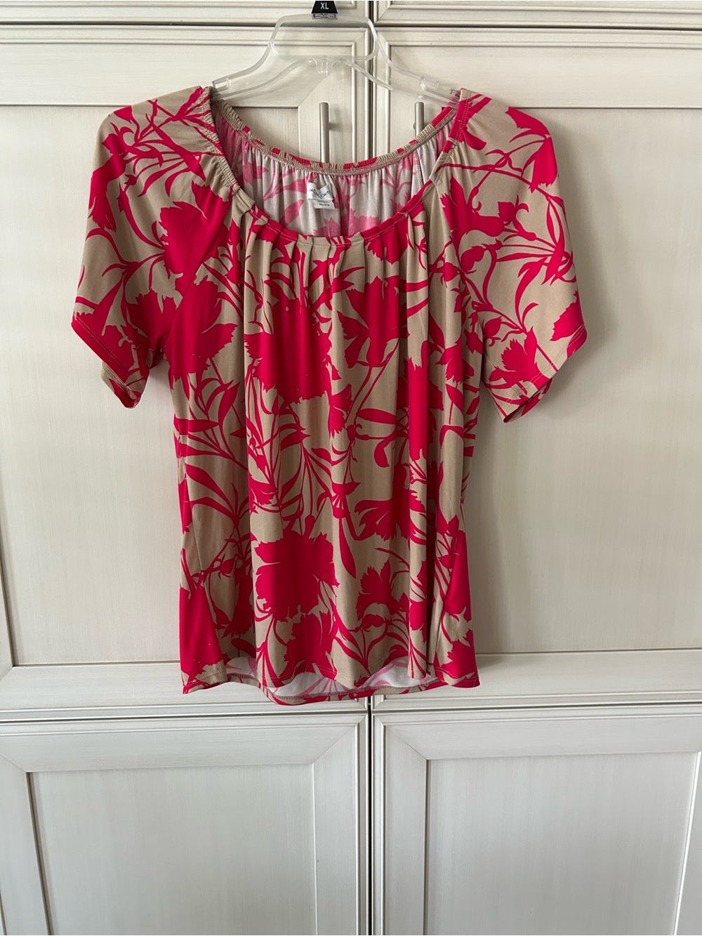 Jaclyn Smith Beige Top with Hot Pink Floral Print